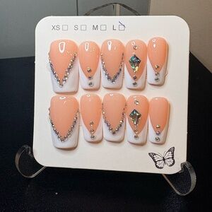 Peach & White Rhinestone Press-On Nails - Sparkle French Tip Set